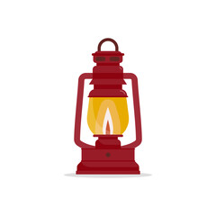 Old lantern isolated. Burgundy retro oil lamp with the flame on. Vector illustration, flat design