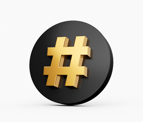 Obraz premium Gold Hashtag Sign with black circle on White Background, 3D illustration