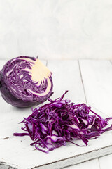 Sliced red cabbage for salad preparation. Copy space