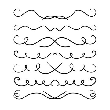 A set of symmetrical vector dividers with swirls, hand-drawn with a black line