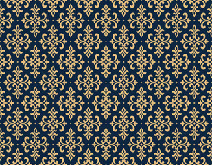 Flower geometric pattern. Seamless vector background. Gold and dark blue ornament