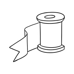Monochrome image, silk ribbon wound on a wooden spool, vector cartoon