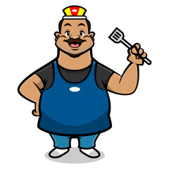 Cartoon illustration of A Man wearing cap and apron while holding a spatula. Best for sticker, logo, and mascot with culinary small business or street food business themes