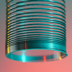 Closeup of coiled suspended metal spring with sufficiently high strength and elastic properties in neon blue light over red background. Macro photo, shallow depth of field