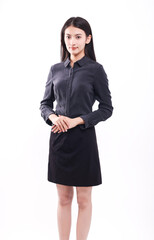 Business woman in black blouse and skirt on white background