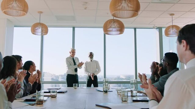 Applause, success and business people in meeting conference for b2b partnership, leadership and company kpi target achievement. Corporate ceo men and group staff seminar, workshop for team motivation