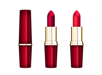 Vector luxury red lipstick set isolated on white background. Premium makeup 3d design template. Realistic cosmetology objects. Open lip stick tube. Golden texture fashion woman tools. Sale cosmetic