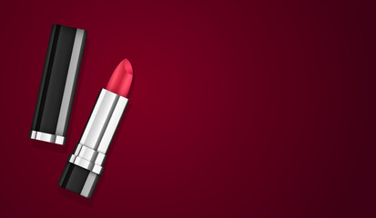 Vector red lipstick realistic open tube on dark background. Makeup container mockup. Woman cosmetics advertising, copy space banner. Luxury fashion lipstick sale wallpaper. Black Friday offer ad