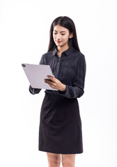 Fototapeta premium A business woman with a computer and a black skirt on a white background