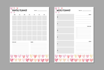 Monthly and weekly planner insert to diary, planner, organizer. Template with to do list, goals and notes section. Colorful watercolor hearts vector illustration.