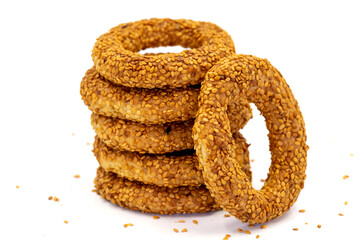 sesame bagel isolated on white background. Traditional Turkish cuisine delicacies. local name kandil simidi