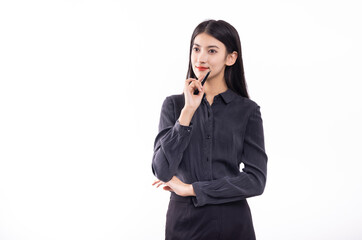 Business woman in black blouse and skirt on white background