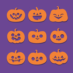 Set of Halloween carved pumpkins. Flat style, vector cute spooky design.