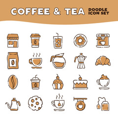 Cafe shop. Set of hand drawn coffee and tea doodles: drinks, desserts, beans and other related objects.