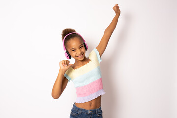 Cheerful young african american woman girl posing isolated on white background studio portrait....