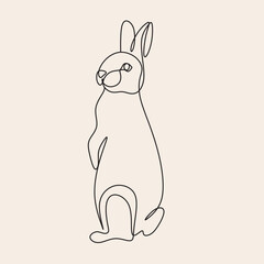 Continuous one line drawing of Bunny symbol of 2023 year. Fluffy rabbit silhouette with ears in simple linear style for winter design greeting card and web banner. Doodle Vector illustration