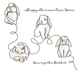 Obraz premium Continuous one line drawing of Bunny symbol of 2023 year. Fluffy rabbit silhouette with ears in simple linear style for winter design greeting card and web banner. Doodle Vector illustration