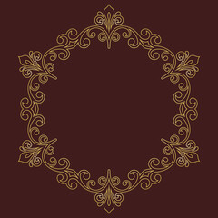 Oriental round golden frame with arabesques and floral elements. Floral golden border with vintage pattern. Greeting card with place for text