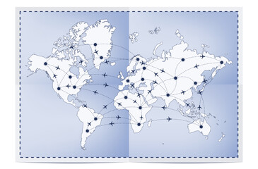 Paper world map with flight routes. Vector illustration.