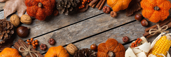 Autumn fall thanksgiving day composition with decorative pumpkins, banner