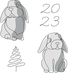 Continuous one line drawing of Bunny symbol of 2023 year. Fluffy rabbit silhouette with ears in simple linear style for winter design greeting card and web banner. Doodle Vector illustration