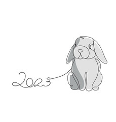 Continuous one line drawing of Bunny symbol of 2023 year. Fluffy rabbit silhouette with ears in simple linear style for winter design greeting card and web banner. Doodle Vector illustration
