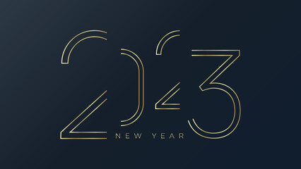 Happy New Year 2023 gold typography greeting card design on dark background. Christmas invitation poster with line golden numbers.
