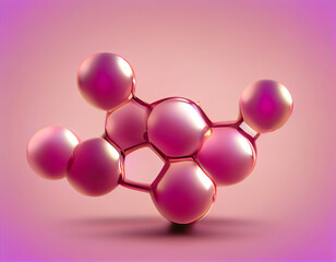 Transparent colored pink flying molecules, technological background digital illustration