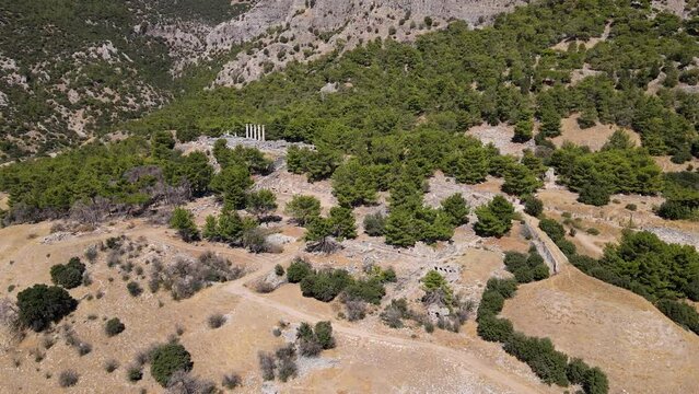 View of historical ruins, columns, ancient theater and temples in the ancient city of Priene.