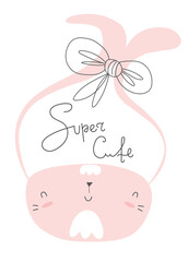 Bunny head vector. Cute hand drawn little bunny illustration. Sweet rabbit character with a bow. Design for baby shower, baby girl nursery, cards.