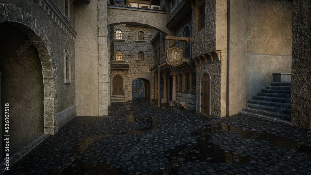 Poster cobblestone street with tavern in an old medieval town. 3d rendering.