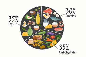 Set of macronutrients. Carbohydrates, proteins, fats presented by food products. Vector illustration of nutrition categories. Balanced nutrition. Healthy food