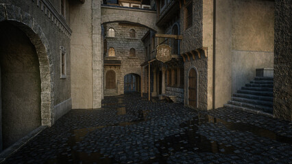 Cobblestone street with tavern in an old medieval town. 3D rendering. - obrazy, fototapety, plakaty