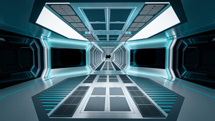 Obraz premium Spaceship with white and blue background. Space technology and object concept. 3D illustration rendering.