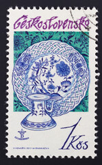 Postage stamp 'Plate and Candlestick' printed in Czecho-Slovakia. Series: 'Czechoslovak Porcelain', 1977