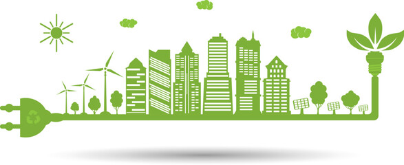 Green city with renewable energy sources. Ecological city and environment conservation. Sustainable development concept. Save the world. Vector illustration.