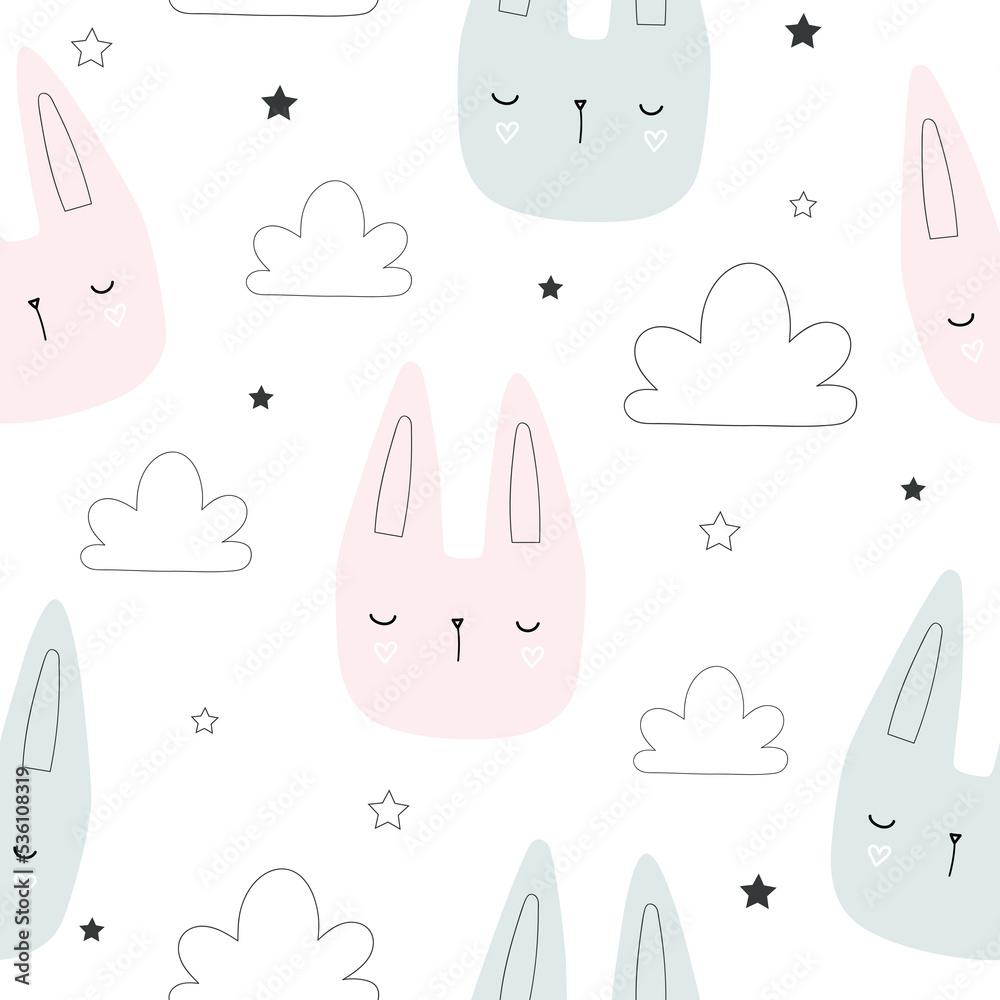 Wall mural Cute bunny pattern. Rabbit head  seamless background for baby, child.