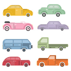 Set of flat cars in cute hand drawn vector style. Taxi and minibus, convertible and pickup. Urban cars and vehicles vector flat icons. Convertible and truck, car and retro car, modern icons.