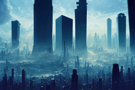 The City Of The Future, Many High-rise Buildings. Futurism.