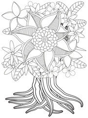 Flowers bouquet coloring book page. Isolated on white background. Doodle drawing anti-stress coloring books page for adults or children. Flat Vector Illustration