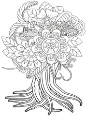 Flowers bouquet coloring book page. Isolated on white background. Doodle drawing anti-stress coloring books page for adults or children. Flat Vector Illustration