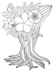 Flowers bouquet coloring book page. Isolated on white background. Doodle drawing anti-stress coloring books page for adults or children. Flat Vector Illustration