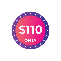 $110 USD Dollar Month sale promotion Banner. Special offer, 110 dollar month price tag, shop now button. Business or shopping promotion marketing concept
