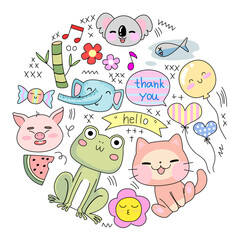Kawaii set fashion patches badges for sticker , postcard , invitation . vector illustration for kids on a circle background
