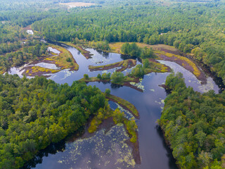 Contoocook River marsh aerial view near Powder Mill Pond between town of Greenfield and Hancock in New Hampshire NH, USA. 
