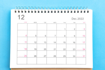 calendar december 2022 top view on a blue background