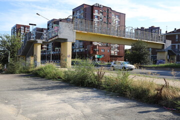 Fototapeta na wymiar Concrete footbridge over motorway. Stock photo.