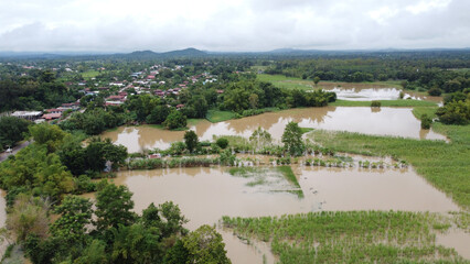 aerial view of flooded land, Thailand floods in Nongbualumphu