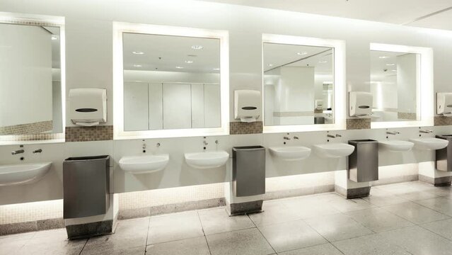 Restroom interior with big mirrors and white sinks, Nobody