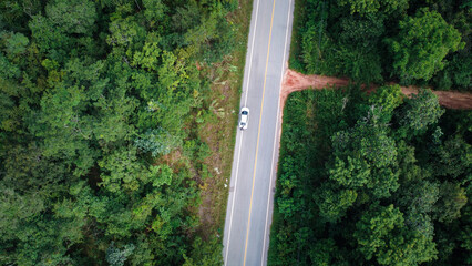Above aerial view of rural road in deep rain forest with green tree by drone